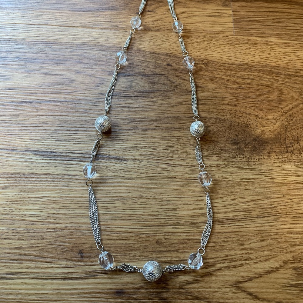 Long Silver Tone Bead and Chain Necklace